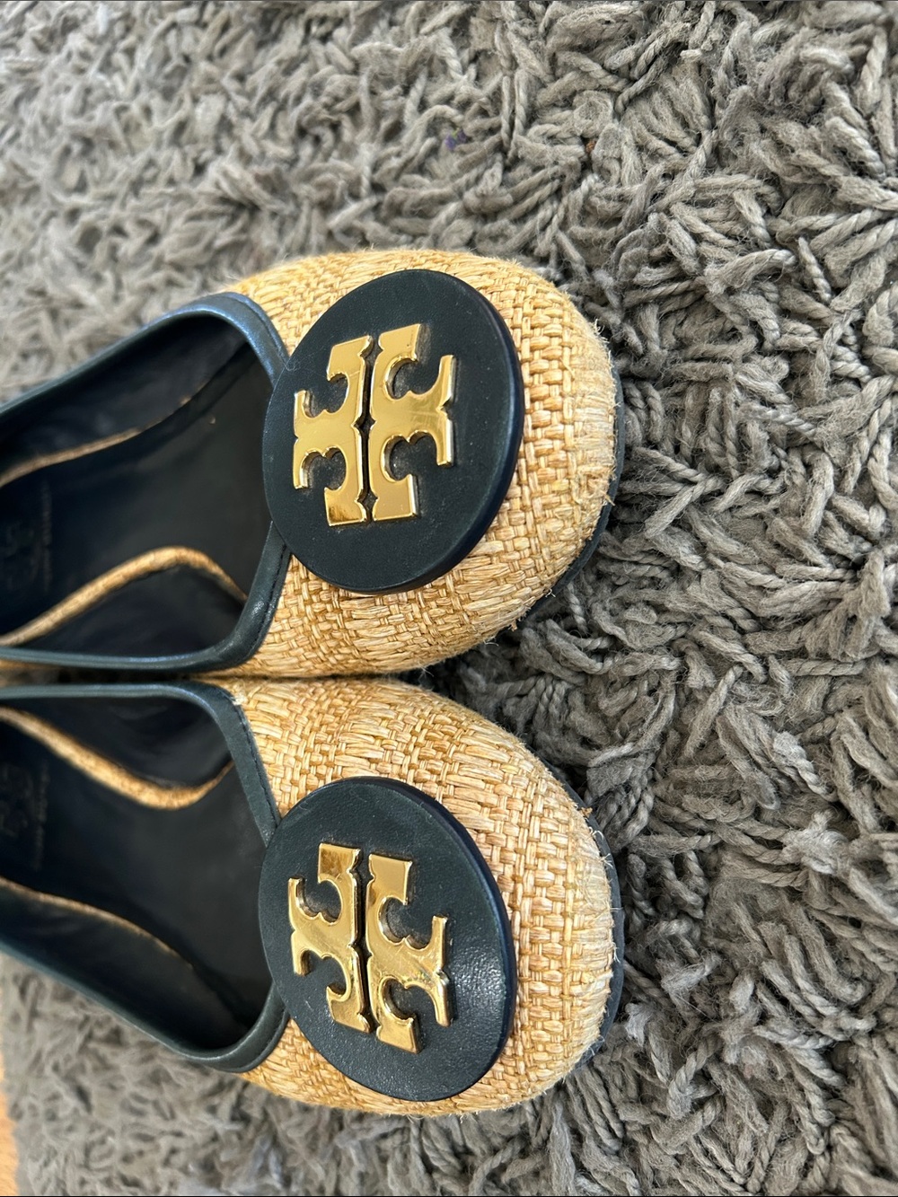 Tory Burch Reva Raffia Ballet Flats Tan with Black Trim & Gold Logo Size 9 - Picture 6 of 11